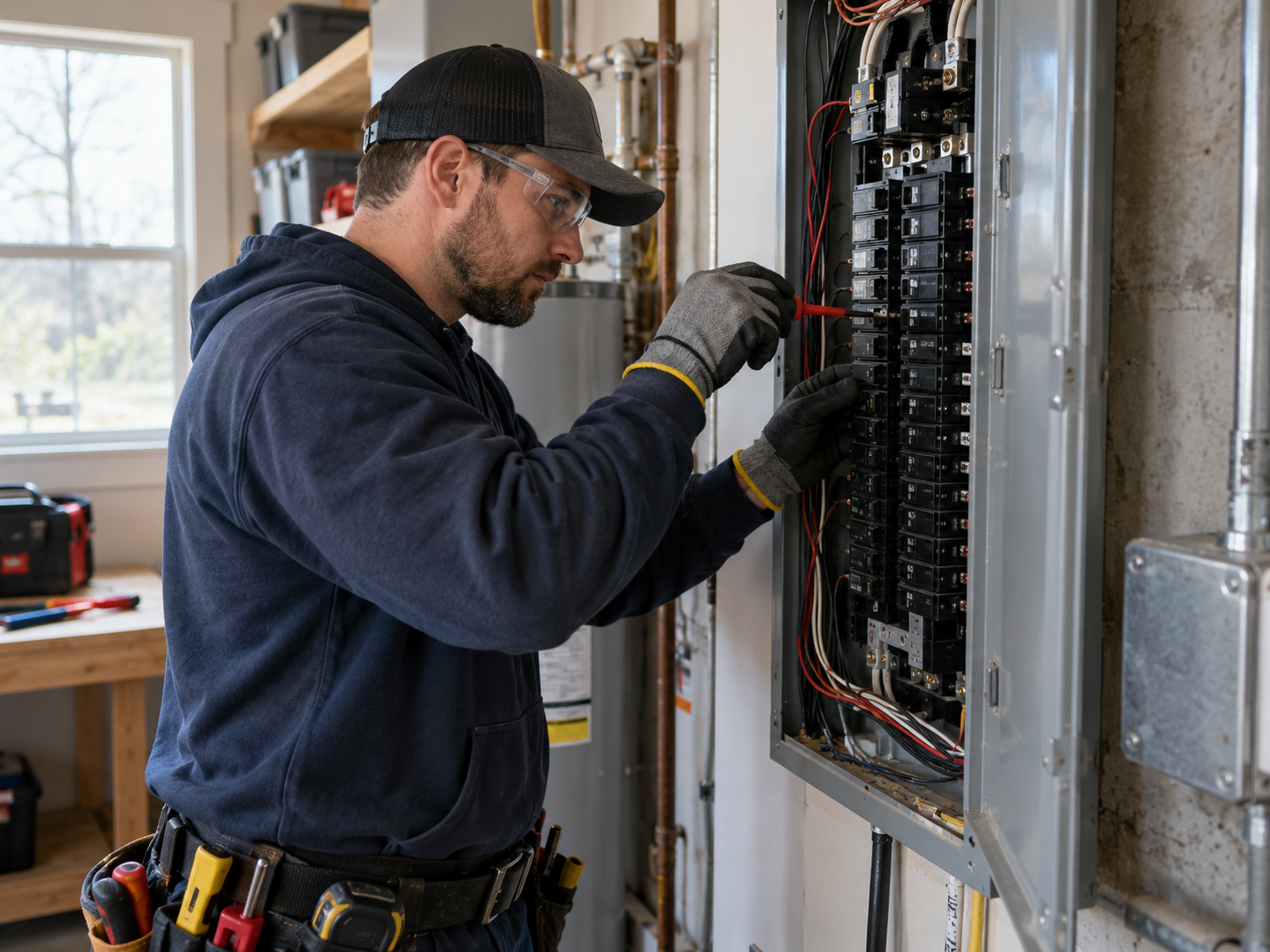 Electrician working safely at a residential breaker panel