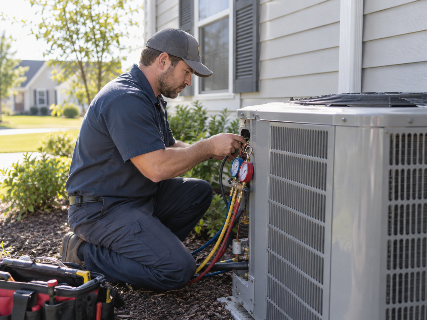 HVAC technician servicing a residential air-conditioning unit