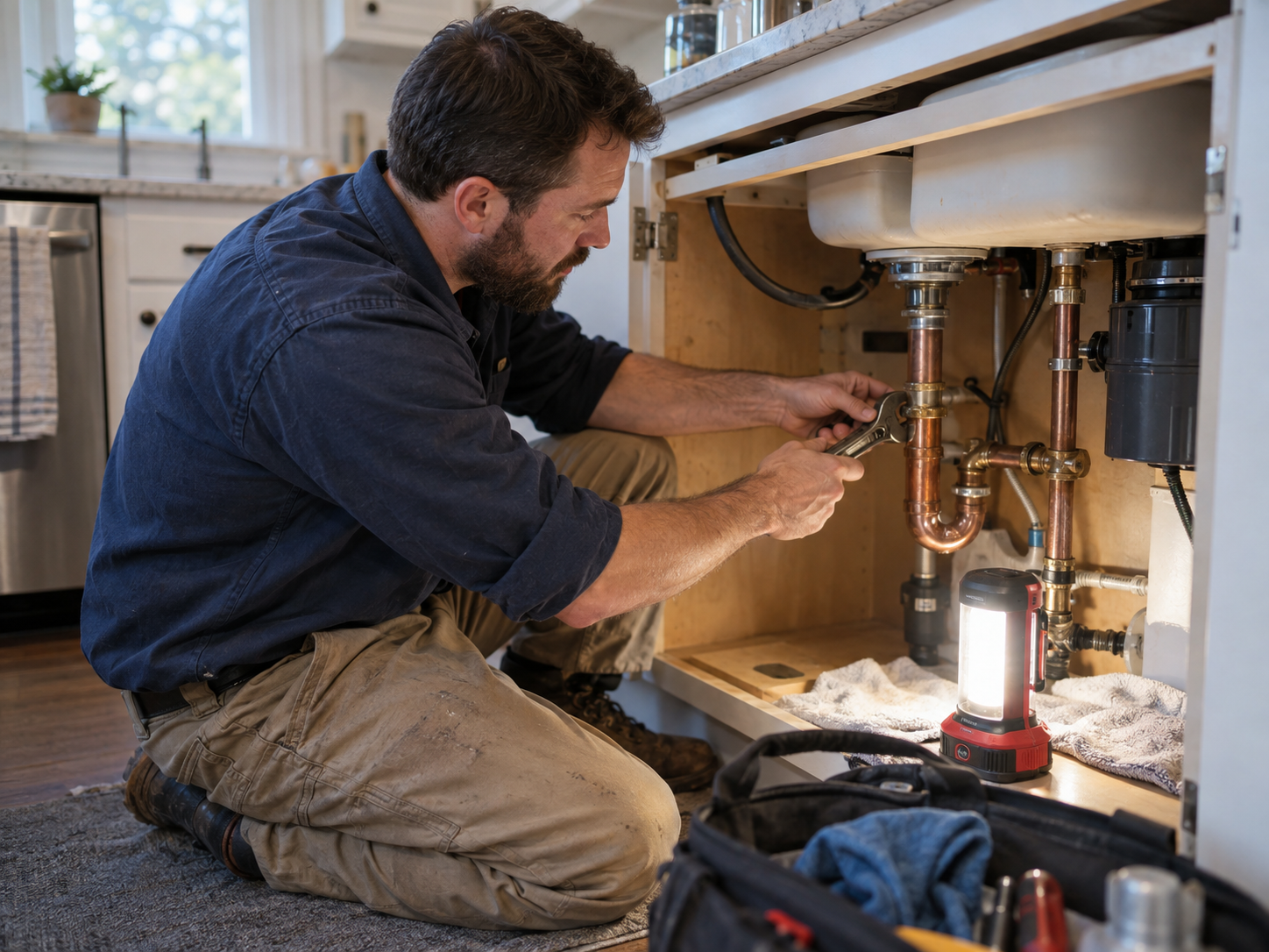 Residential plumber repairing pipework beneath a kitchen sink