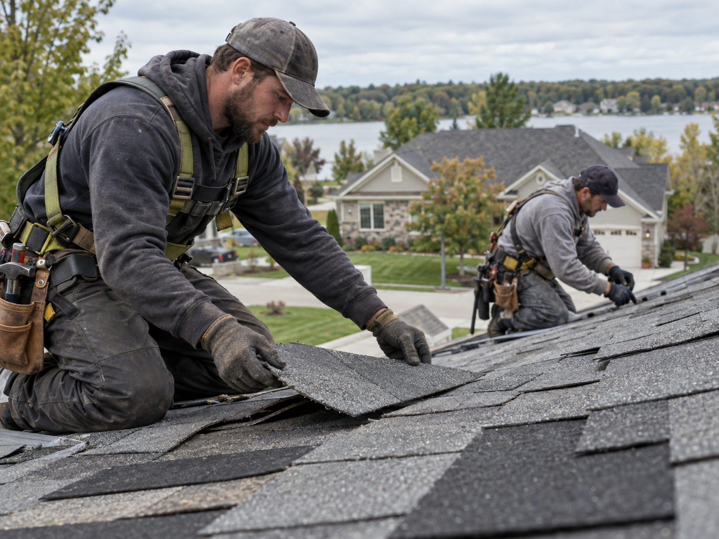 Residential roofing crew replacing asphalt shingles